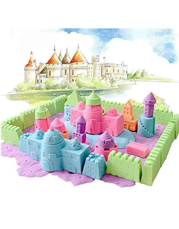 A creative image of a colorful play sand castle built with various molds, including green walls and pink and blue towers