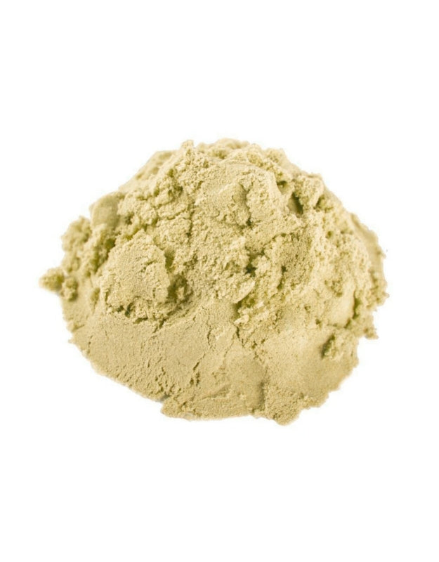 A clean product shot of a single scoop of green or light yellow play sand on a white background