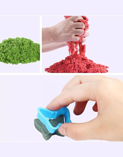  A collage of three images showing a pile of green sand, a hand squeezing red sand, and a hand using a blue mold to create a sand shape