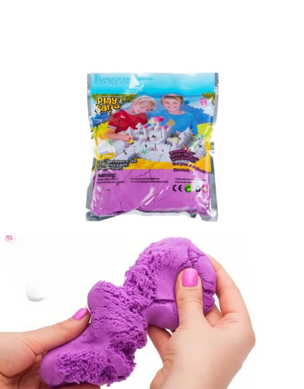 A product image of the "Play Sand" package with two hands below it, demonstrating the moldable purple sand