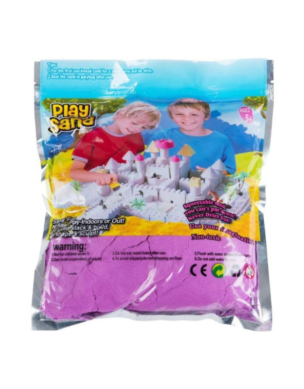 A full product shot of the "Play Sand" package, featuring a large scoop of purple sand and text describing it as non-toxic and fun