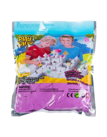 A full product shot of the "Play Sand" package, featuring a large scoop of purple sand and text describing it as non-toxic and fun
