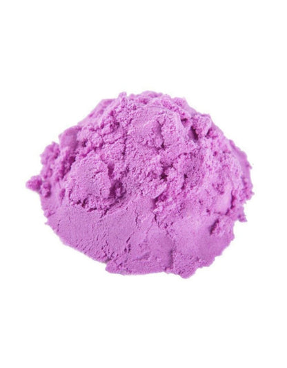 A single scoop of vibrant purple play sand, showcasing its unique moldable texture on a white background