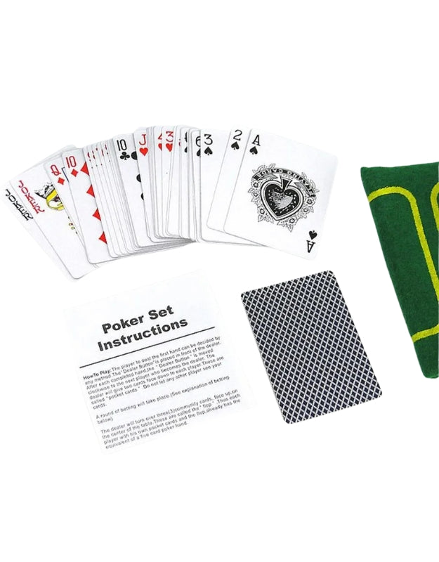 A product shot showing the playing cards and instruction booklet for the poker chips set on a white background
