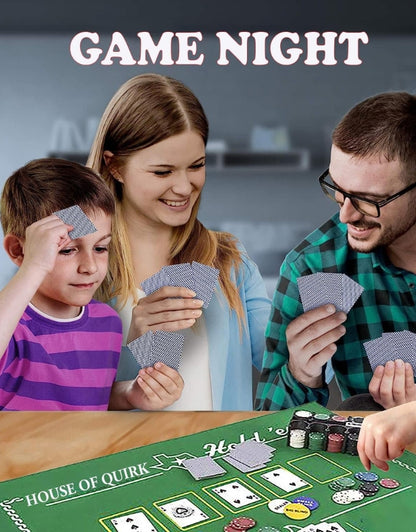 A family smiling while playing a game of poker, showing the chips set, cards, and green felt mat in use