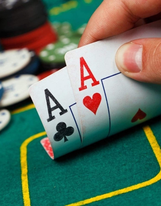 A close-up of a hand holding a pair of aces over the green poker mat with poker chips blurred in the background
