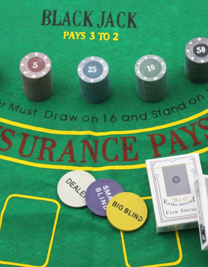  A close-up of the poker set's dealer and blind buttons, stacks of chips, and cards on the green felt playing mat