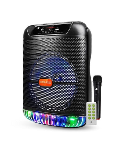 KTS-1522 Bluetooth speaker with colorful LED lights, microphone, and remote control.