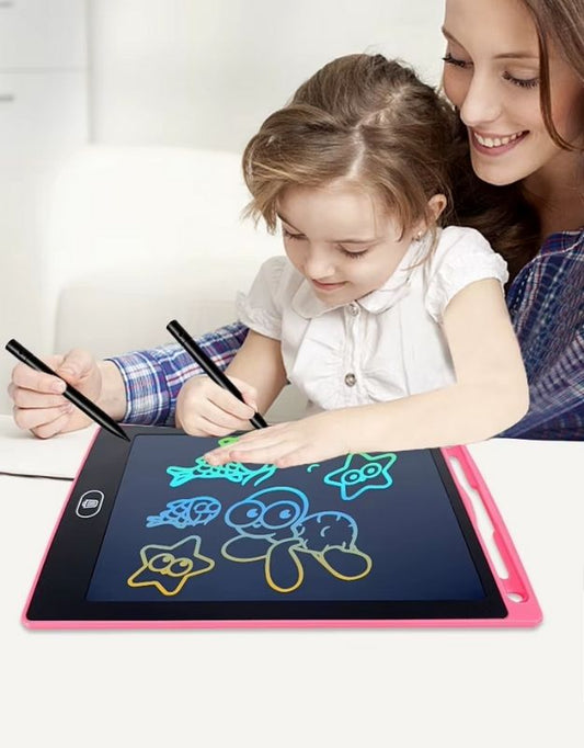 A child is drawing on a portable drawing board graphic tablet with a colorful pen, accompanied by an adult.