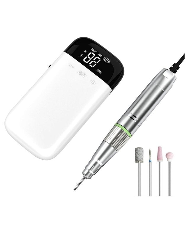 Electric nail drill with LCD display and speed control, alongside a charging base and multiple drill bits. Portable electric nail drill machine with LCD screen and drill bits set.