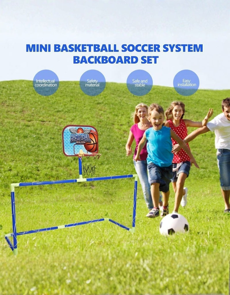 Family playing soccer and basketball with the Mini Portable Football and Basketball Rebound goal system.