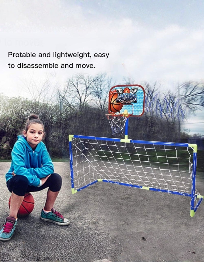 Girl with basketball next to the assembled Portable Football and Basketball Rebound goal on an outdoor court.