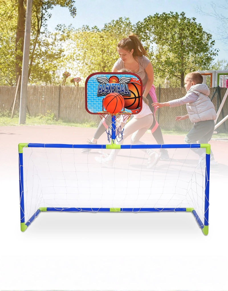Adult helping child use the Basketball Rebound hoop feature on the portable soccer goal set.