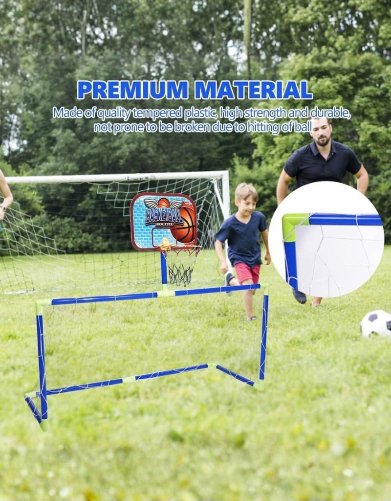 Boy and father playing with the Portable Football and Basketball Rebound goal, highlighting premium materials.