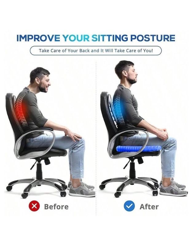 Before and after sitting posture improved using gel cushion.