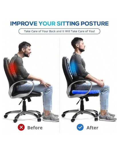 Before and after sitting posture improved using gel cushion.