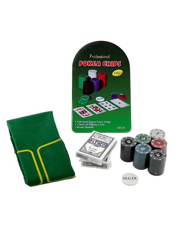 All the components of the professional 120-piece poker chips set laid out, including the tin case, two decks of cards, the green felt mat, and stacks of chips