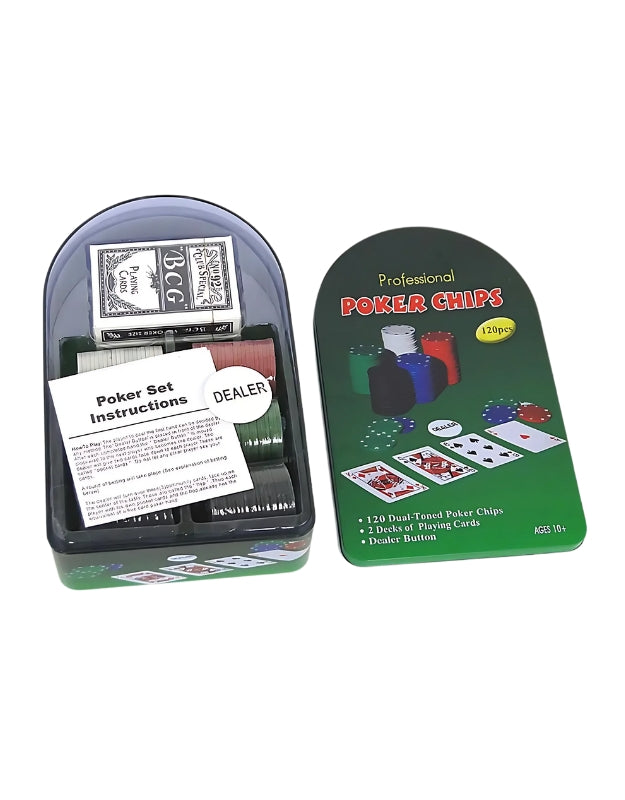 The professional poker chips set with the clear plastic lid removed, showing the neatly arranged chips, cards, and instructions inside the tin