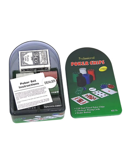 The professional poker chips set with the clear plastic lid removed, showing the neatly arranged chips, cards, and instructions inside the tin