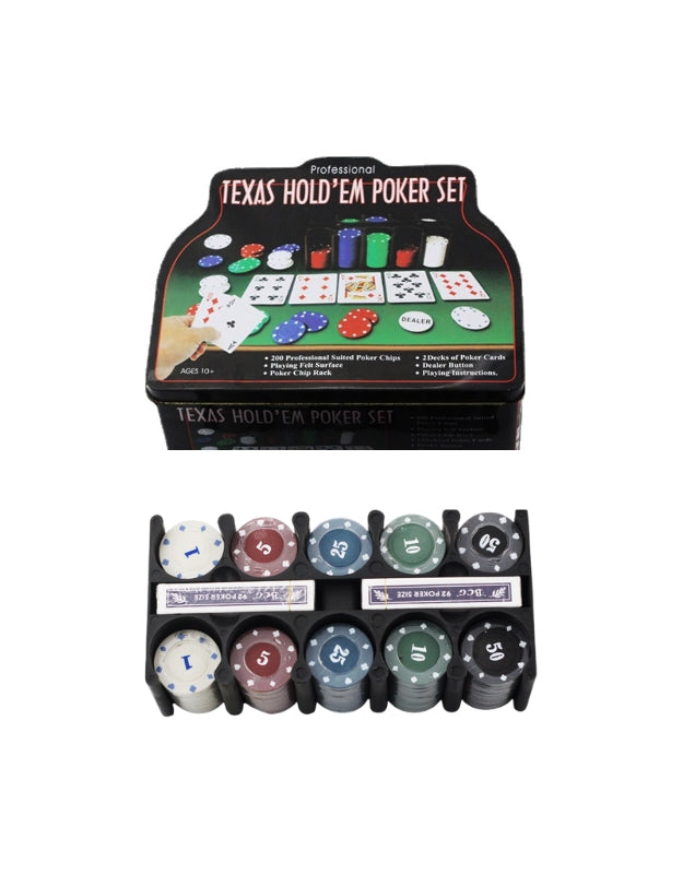 A two-part product photo showing the Texas Hold'em poker set's tin box at the top and the poker chip rack filled with chips at the bottom.