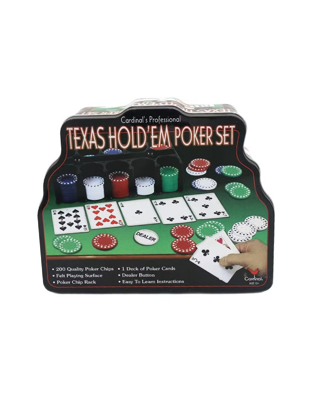 A clean shot of the Texas Hold'em poker set's closed tin box, featuring a graphic on the lid that depicts the game components