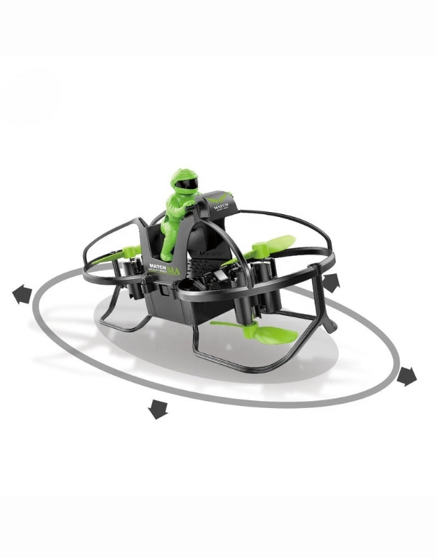 Green handheld quadcopter drone performing 360 degree rotation