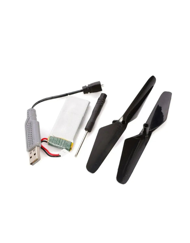 Quadcopter drone spare parts including propellers, battery, charger, and screwdriver