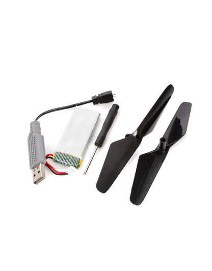 Quadcopter drone spare parts including propellers, battery, charger, and screwdriver