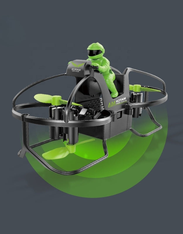 Quadcopter green drone with protective cage and LED light display