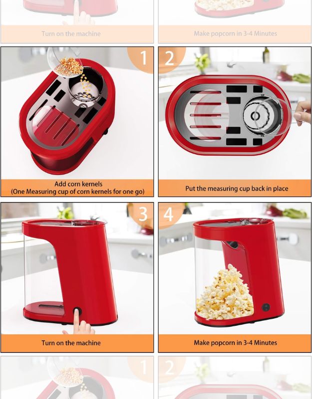 Enjoy fresh, healthy popcorn in just 3–4 minutes! This stylish red popcorn machine uses hot air circulation instead of oil, making it a guilt-free snack option. With a one-button operation and an included measuring cup, it’s simple, fast, and perfect for movie nights, parties, or anytime snacking.
