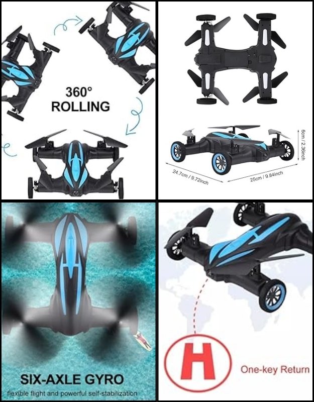 Black and blue RC drone car with 360° rolling, six-axis gyro stabilization, one-key return, and product size dimensions.