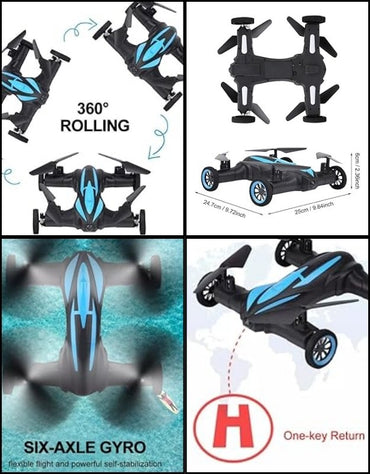 Black and blue RC drone car with 360° rolling, six-axis gyro stabilization, one-key return, and product size dimensions.