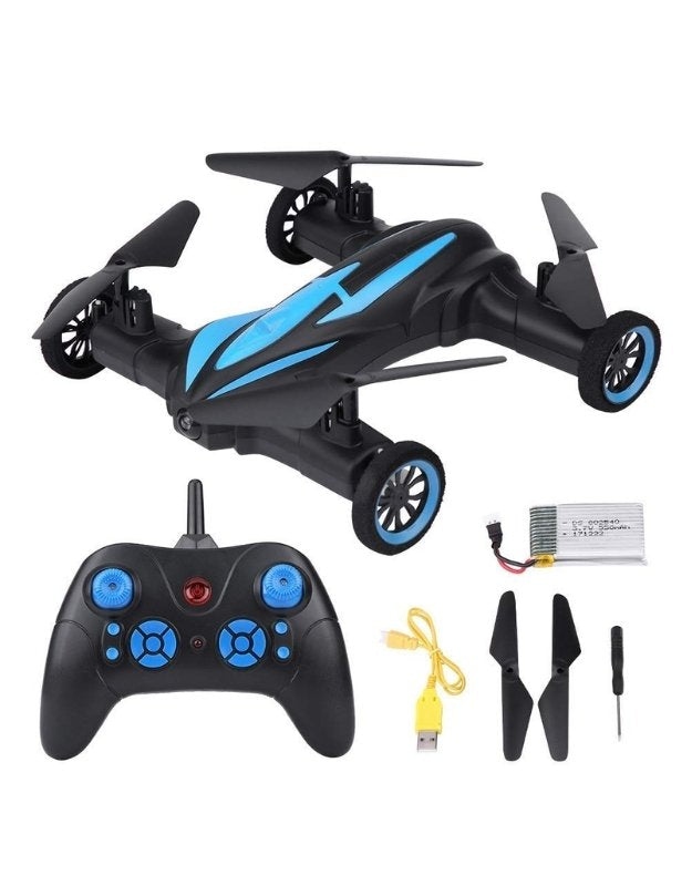 RC drone car set with remote control, rechargeable battery, USB charger, spare propellers, and screwdriver.
