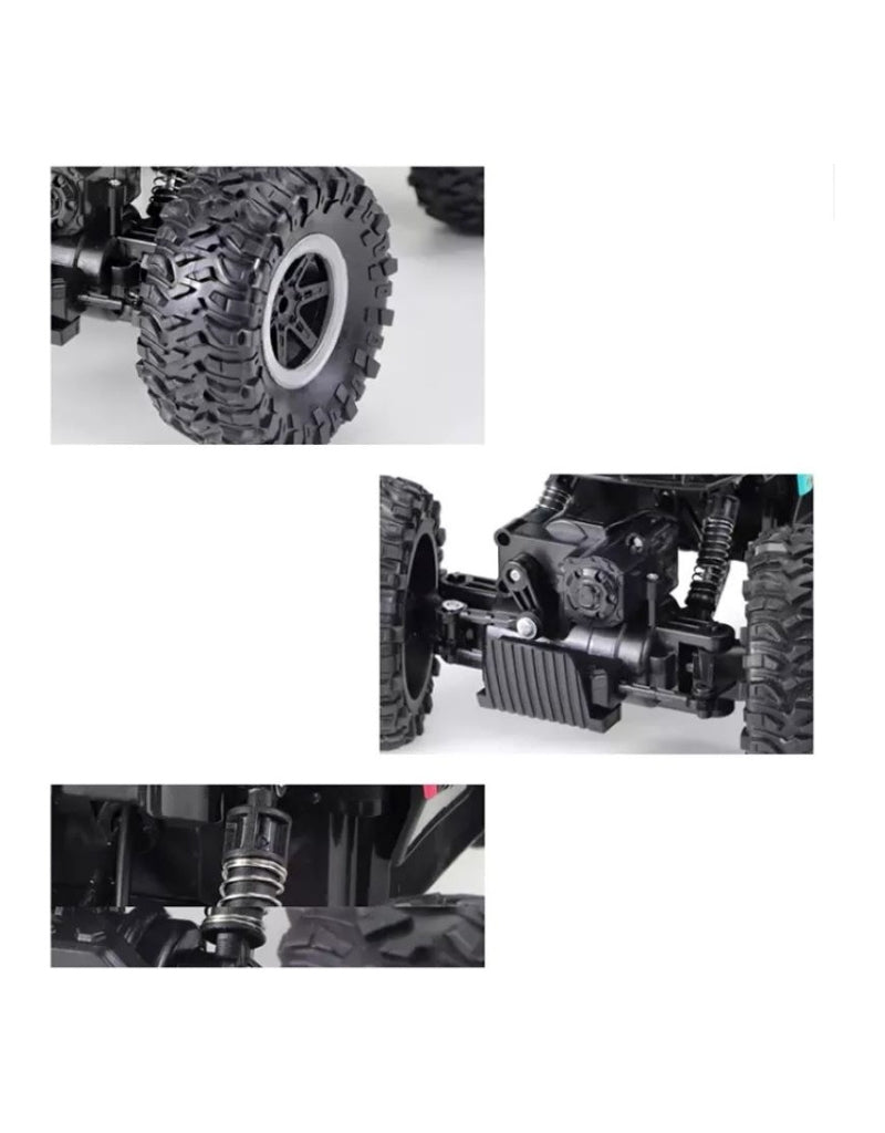 Close-up details of RC monster truck wheels, axle, and suspension system