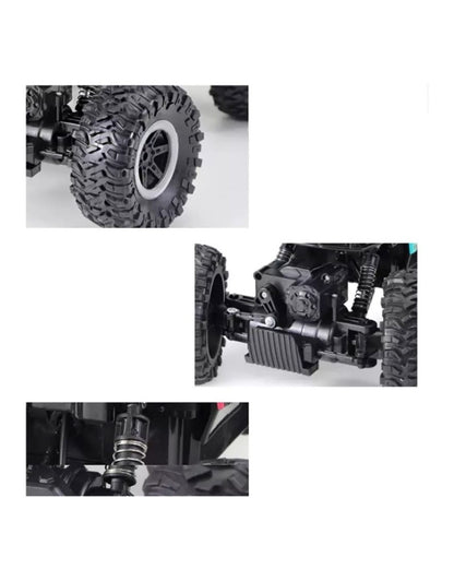 Close-up details of RC monster truck wheels, axle, and suspension system
