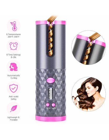 Rechargeable ceramic barrel hair curler 34W showing temperature settings, timer, and curling direction.