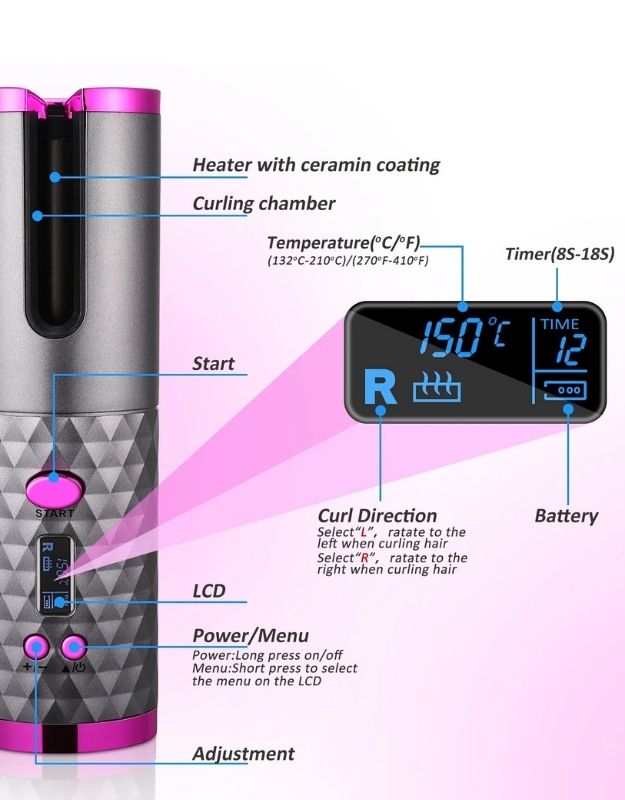 Rechargeable auto hair waves curler 34W with ceramic barrel, LCD display, and control buttons.