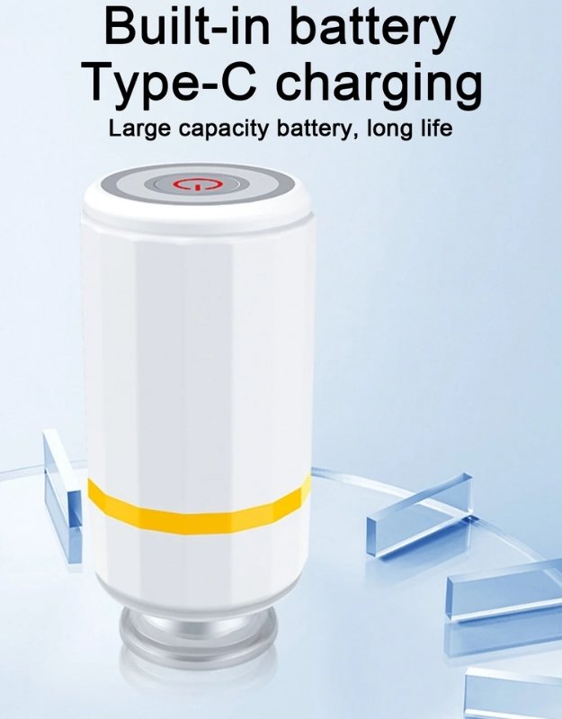 White cylindrical device with Type-C charging feature on a blue background.