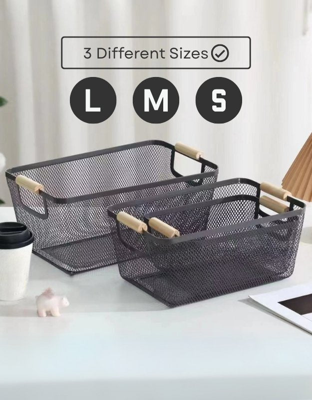 Set of three rectangular black mesh baskets with wooden handles in small, medium, and large sizes.
