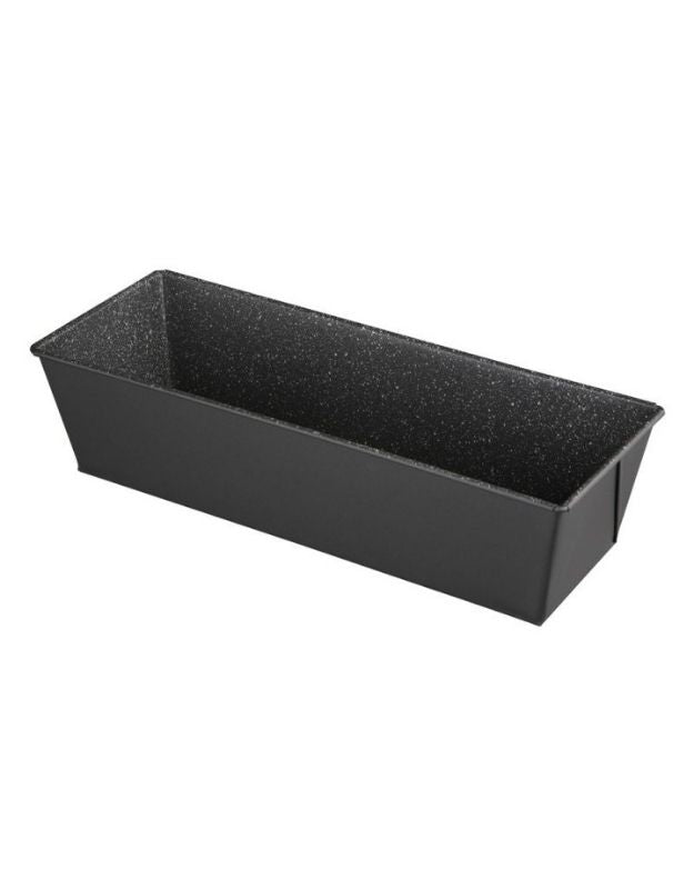 Black rectangular baking pan on a white background. Empty rectangular non-stick loaf pan for baking bread and cakes.