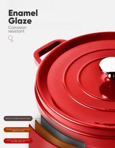 Red enameled pot with a lid on a white background, highlighting enamel glaze properties. Close-up of red enamel Dutch oven lid showing enamel glaze layers and corrosion resistance.
