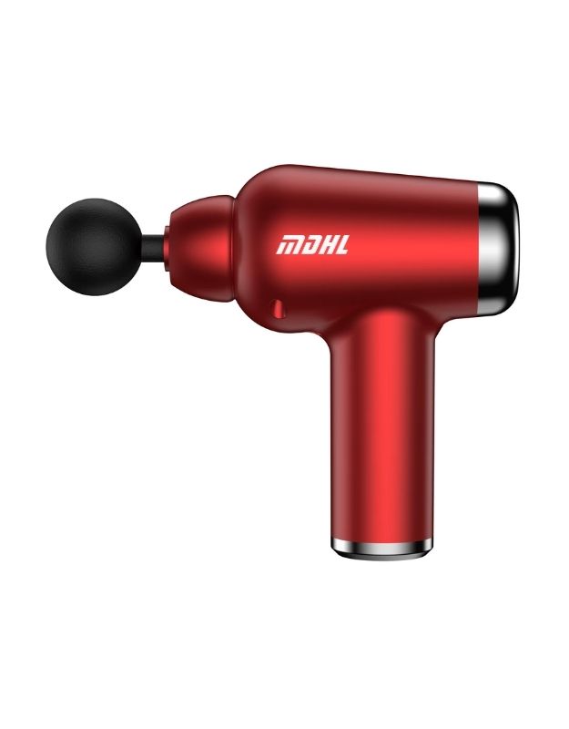 Red massage gun side view with round attachment.