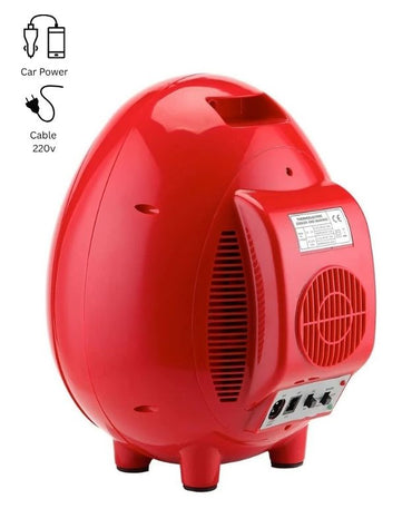 Red portable heater with power cable icon on a white background. Back view of red egg-shaped mini fridge with power ports and fan.