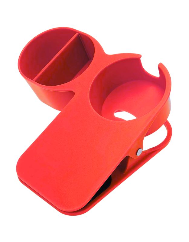 Close-up view of a red plastic mug holder clip with dual compartments and clip-on design on a white background.