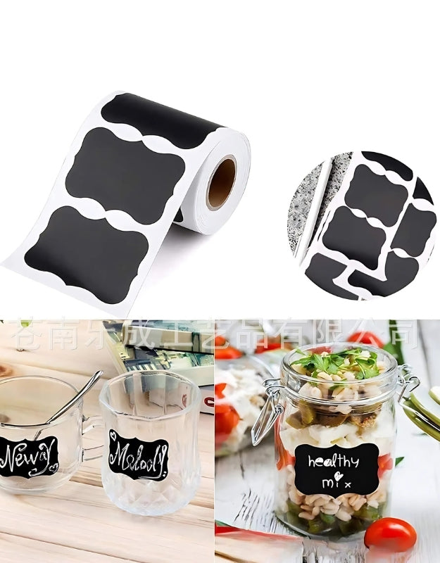 Chalkboard labels used on glass jars and cups for food storage and personalized labeling