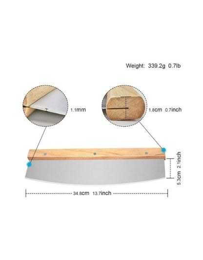 Wooden tool with measurements and weight details on a white background. Pizza cutter with wooden handle showing blade thickness and size dimensions.