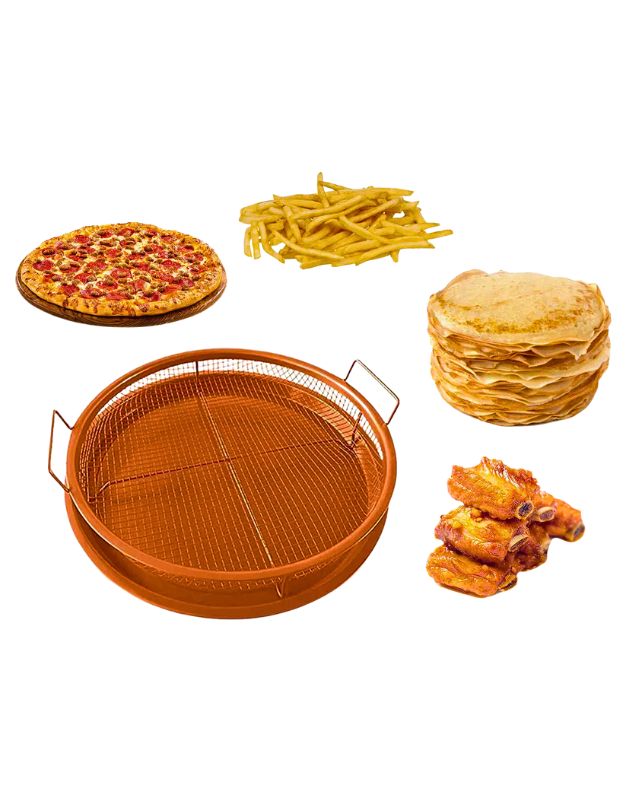 Air fryer basket displayed with pizza, fries, tortillas, and chicken wings around it.