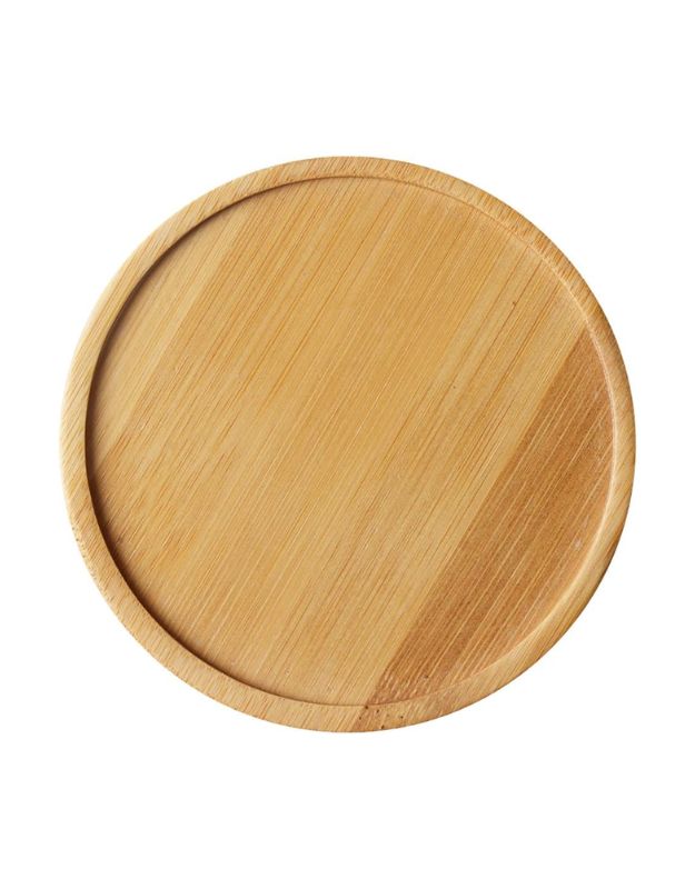 Wooden plate on a white background. Empty round bamboo serving plate with natural wood grain finish.