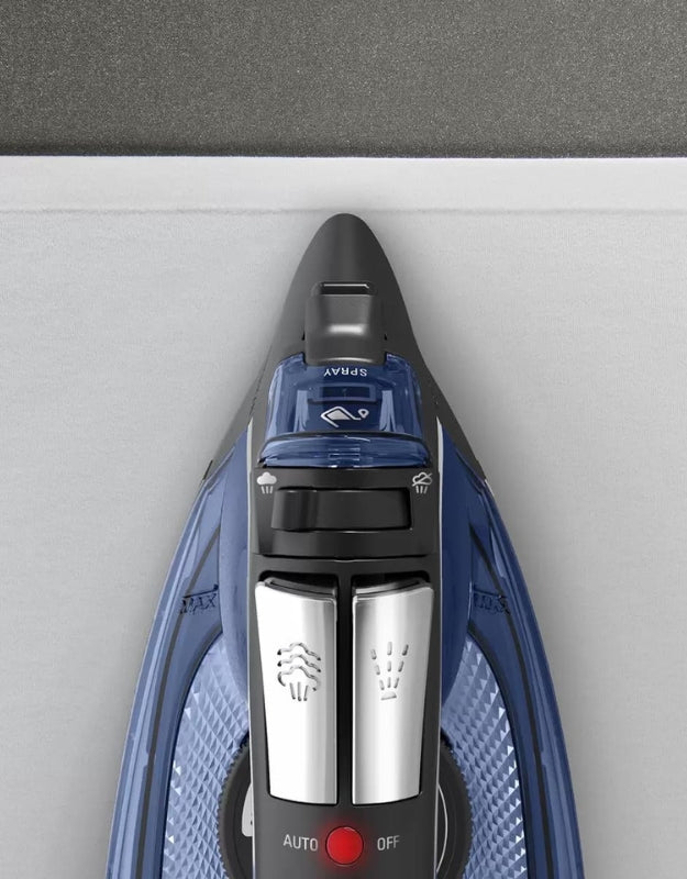 Top view of Rowenta Access steam iron showing spray and steam control buttons with auto shut-off feature