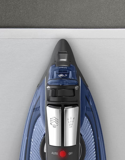 Top view of Rowenta Access steam iron showing spray and steam control buttons with auto shut-off feature